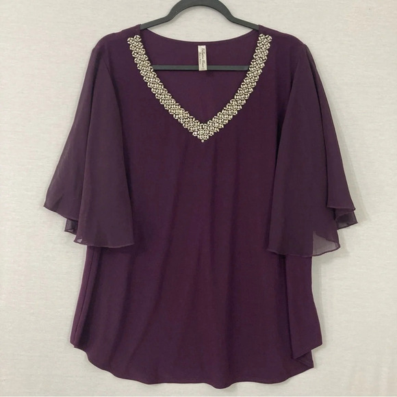 Perseption Women Purple V Neck Embellished Flutter Sleeve Blouse size 1X - Picture 1 of 11